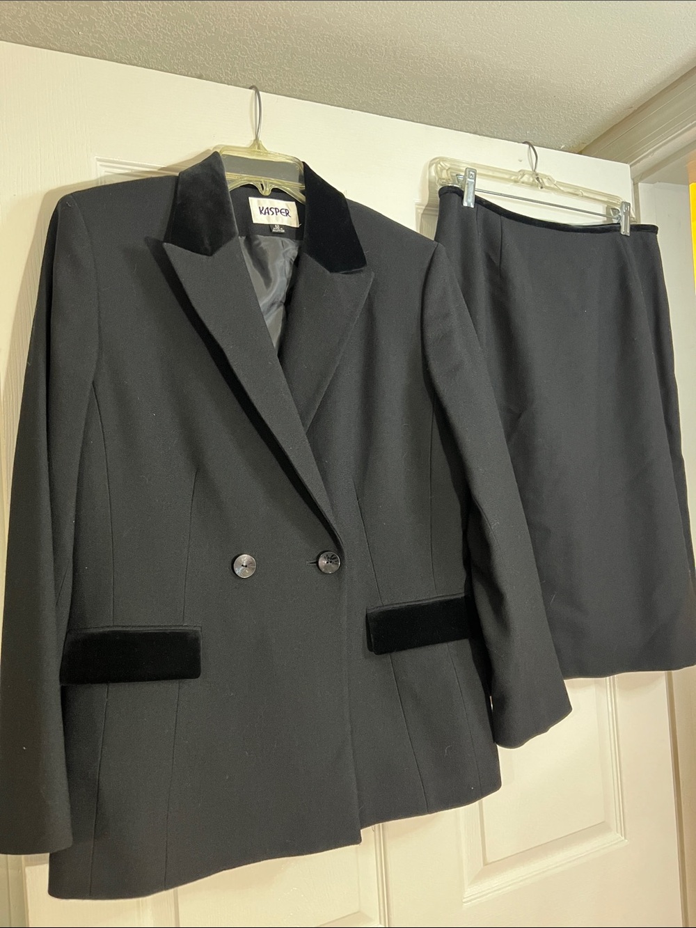 Kasper Black Velvet-Trim Two-Piece Blazer and Skirt Set